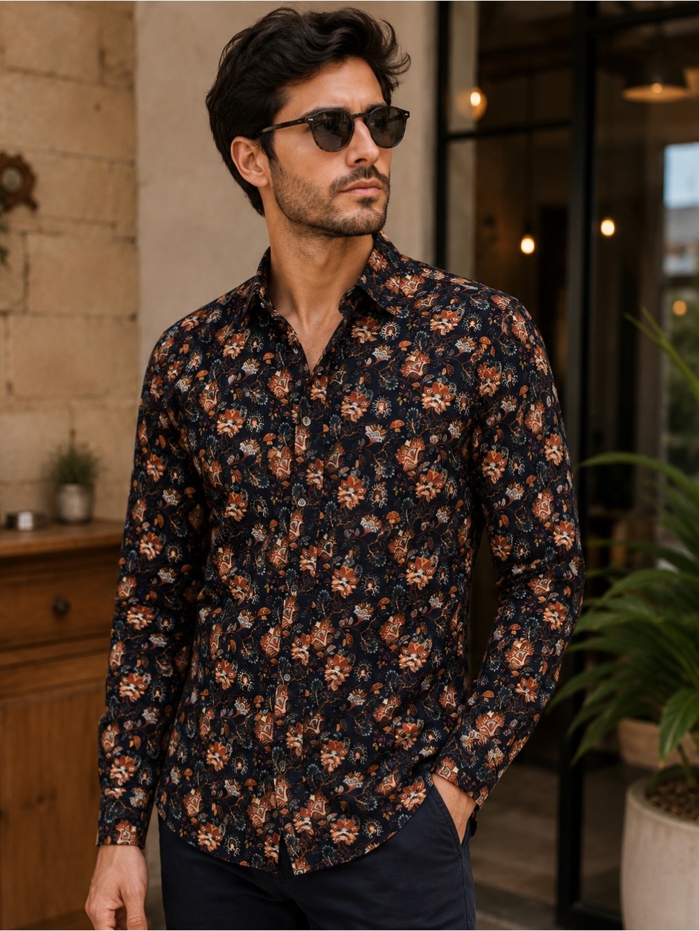 Mufti Men’s Slim Fit Floral Print Button Up Shirt M Navy 100% Cotton
